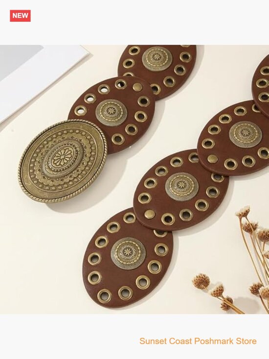 Womens Vintage Wide Western Cowgirl Disc Belt Faux Leather Boho Style main image 5